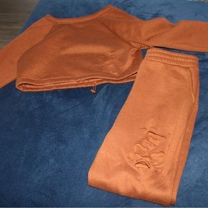 Brown distressed sweatsuit cropped top with drawstring and pants with drawstring